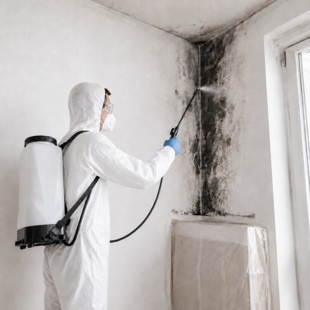 Fachperson in Schutzanzug behandelt Schimmelbefall an einer Innenwand im Rahmen einer professionellen Schadensanierung.